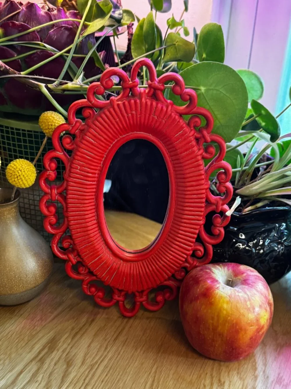 Homco x Syroco Dart Faux Rattan Oval Wall Mirror 2618, Red, Vintage Circa 1970